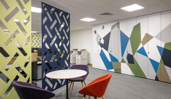 office fit out with geometric design on walls and cupboards
